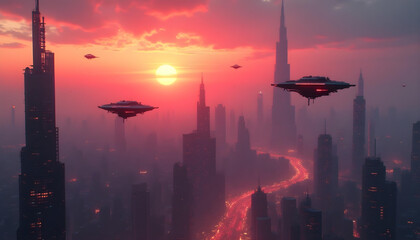 Cunset over city, A futuristic city skyline at sunset, with flying cars and neon lights