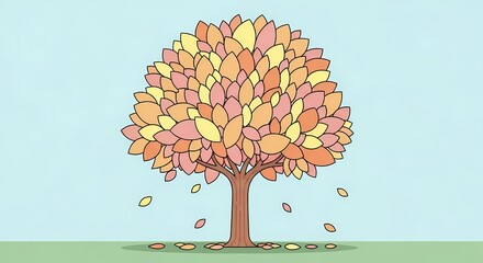 Colorful Autumn Tree Shedding Leaves Against a Soft Blue Background