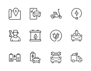 Electric Vehicle Icon Set EV Charging, Battery, Green Energy, and Sustainable Transport Symbols