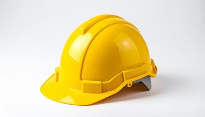 Bright yellow construction hard hat with a smooth dome, short front brim, and side slots for accessories, placed on a white surface for a clean safety equipment presentation.