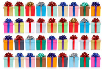 Colorful christmas presents background birthday gifts isolated on white