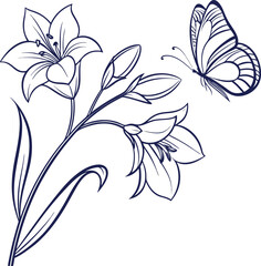 Elegant orchid and delicate butterfly line art with white background