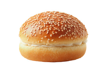 Golden sesame seed burger bun on black background, cut out