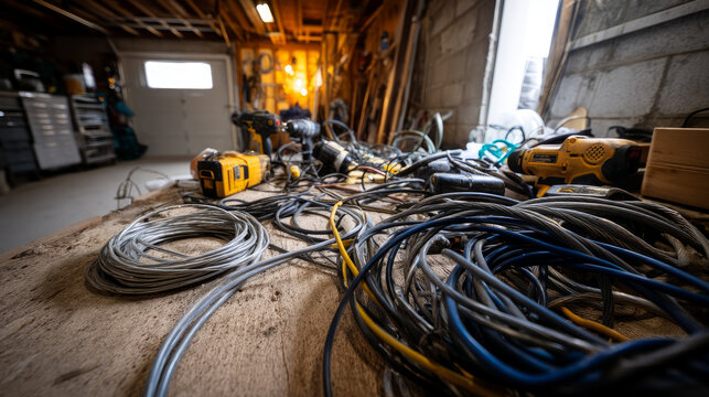 A diverse collection of electrical cables is showcased on a table at a technical exhibition. Various colors and sizes can be seen, highlighting the intricate details and construction.