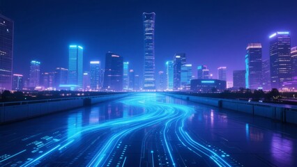 Fototapeta premium Tech City with Data Streams and Smart Transportation for a Future Metropolis PPT Background