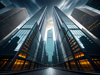 Futuristic cityscape with towering skyscrapers and dramatic sky