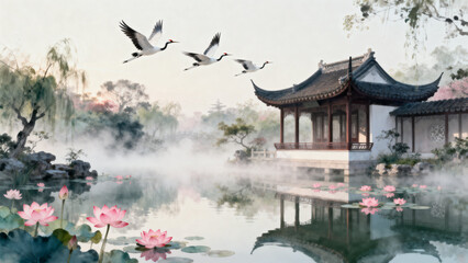Obraz premium Misty Chinese Garden with Cranes