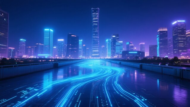 Tech City with Data Streams and Smart Transportation for a Future Metropolis PPT Background