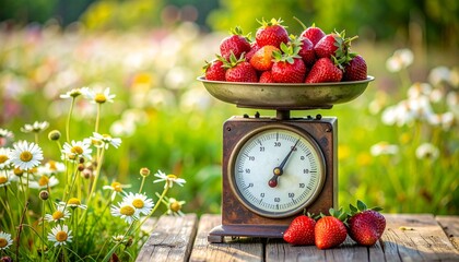 Vintage green kitchen scale with brass trays filled with fresh strawberries, placed outdoors on a wooden surface surrounded by blooming daisies and greenery, evoking rustic charm and garden freshness.