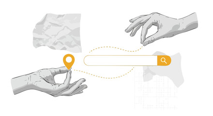 Illustration of hands interacting with a search bar and location pin, suggesting online search and local discovery.