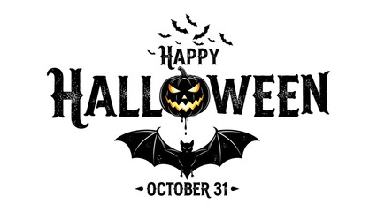 Happy Halloween: An eerie yet inviting illustration with pumpkin, bat and lettering with creative halloween elements. Celebrating the spirit of fright and fun!