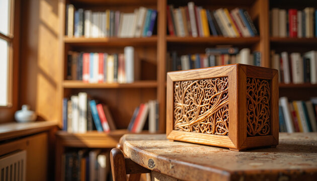 Intricate wooden puzzle box on cozy bookshelf in soft afternoon light, craftsmanship - Powered by Adobe