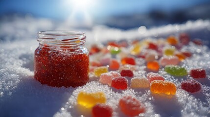 A glass jar filled with red jelly beans sits on a snowy surface. Colorful gummy candies are scattered around, glistening in the sunlight.