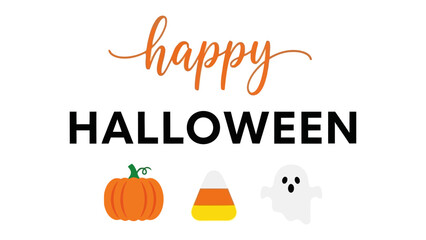 Happy Halloween Greeting: A festive, autumnal composition greets viewers, with a handwritten happy and bold HALLOWEEN, accompanied by iconic holiday symbols: a smiling pumpkin, candy corn.