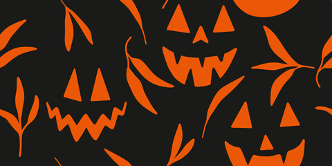 Halloween Jack-o'-Lanterns and Foliage Illustration Pattern