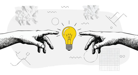 Two hands touching a lightbulb, symbolizing ideas, innovation, and collaboration in business.