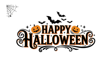 Happy Halloween Illustration: A vibrant, festive graphic celebrating Halloween with spooky elements like bats, spiderwebs, and jack-o'-lanterns.