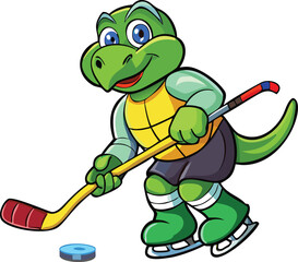 Fototapeta premium A humorous green reptile cartoon character is a cheerful illustration of a turtle with a gun and a happy, funny smile