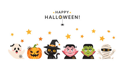 Happy Halloween: Spooky figures conjure the spooky season in a cute illustration, embodying joy and thrills of the holiday.
