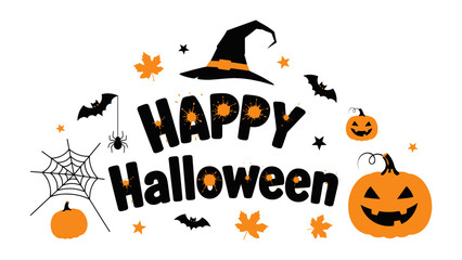Spooky Halloween Greeting: A cheerful arrangement of pumpkins, bats, and witch's hat creating a festive atmosphere, ideal for sending spooky greetings and celebrating the Halloween season.