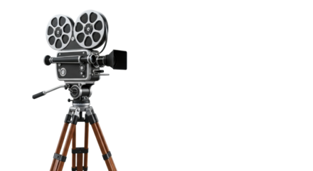 A vintage black and silver movie film camera with large reels on a brown wooden tripod, isolated on a white background with copy space, bright even light, product shot concept of cinema history