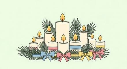 Delightful Candle Arrangement with Colorful Bows and Pine Branches for Holiday Decoration