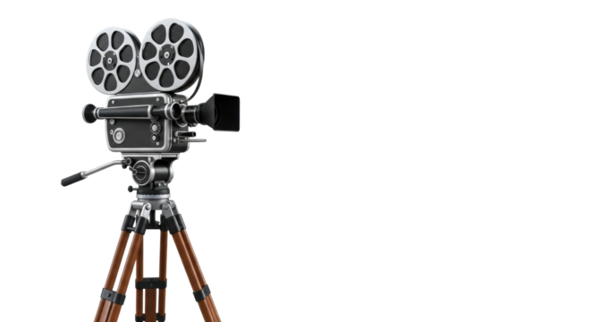A vintage black and silver movie film camera with large reels on a brown wooden tripod, isolated on a white background with copy space, bright even light, product shot concept of cinema history