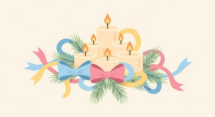 Decorative Candle Arrangement with Colorful Ribbons and Greenery for Festive Decor