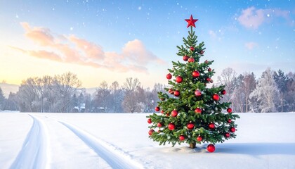 Outdoor Christmas tree with red ornaments and star in snowy forest under warm sky glow.