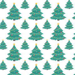 Christmas Tree Seamless Pattern with Lights and Ornaments. Vector Illustrations