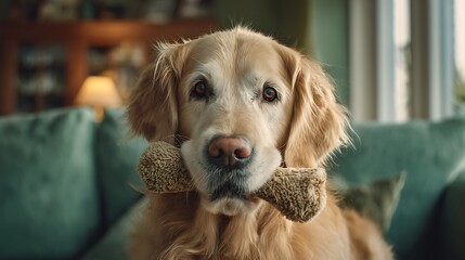 Golden retriever holding a bone shaped plush toy in its mouth while sitting on a green couch indoors