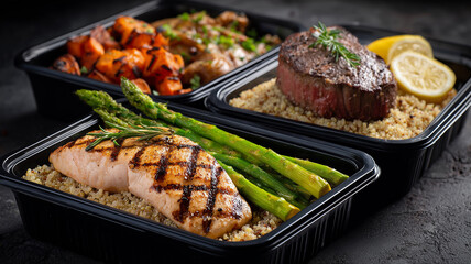 Healthy meal prep with grilled salmon, beef steak, asparagus, roasted vegetables, and quinoa in black containers. Fresh, balanced, nutritious fitness food