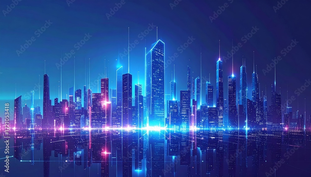 Poster abstract blue equalizer lines create a dynamic backdrop for a stylized night cityscape of business s