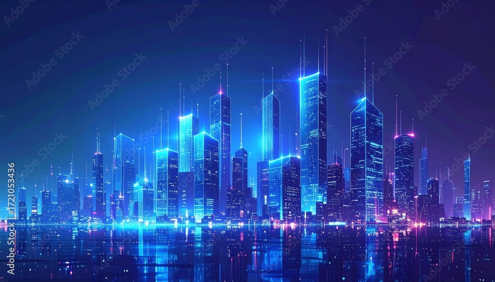 Poster abstract blue equalizer lines create a dynamic backdrop for a stylized night cityscape of business s
