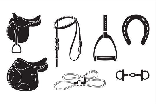 Riding equipment and equestrian symbols collection with stirrups and tack items