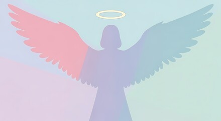 Angel Silhouette with Colorful Wings and Halo Against a Soft Background