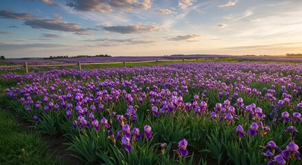 Fototapeta premium Vibrant purple iris field bathed in golden sunset light under a dramatic sky
