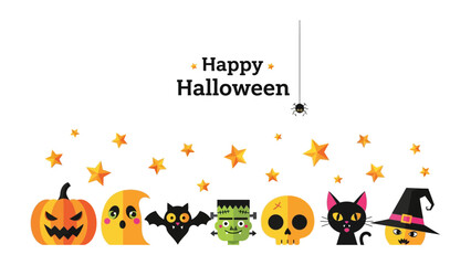 Happy Halloween Celebration: A whimsical assortment of Halloween icons, each with a distinct personality, create a festive border. Conjuring up a sense of seasonal wonder and delight.