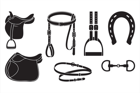 Equestrian horse riding gear icons set with saddles, reins, bridle and stirrups