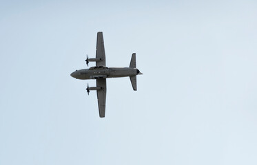 Military transport turboprop aircraft in flight