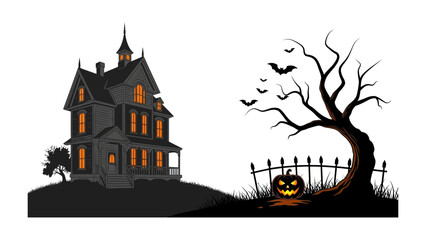 Fototapeta premium Spooky Halloween Scene: A chilling cartoon illustration depicting a haunted house and ominous scenery.