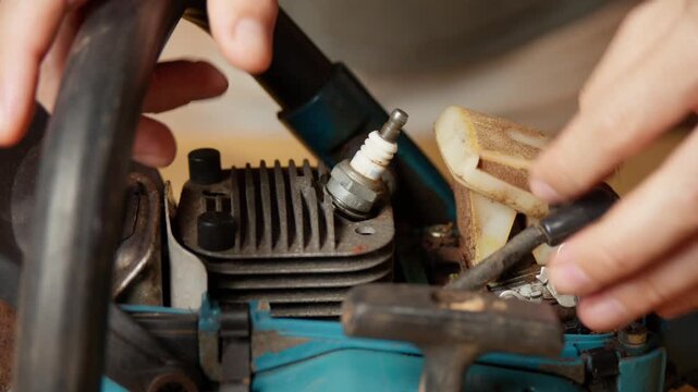 Maintenance of an old chainsaw. Removing the spark plug cap and plug.