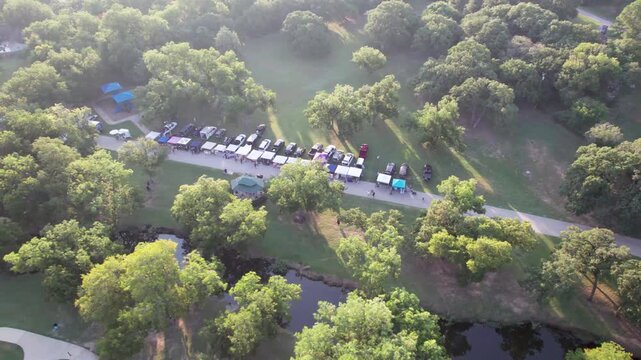 Aerial footage of the Farmers Market in Bear Creek Park, Keller, Texas