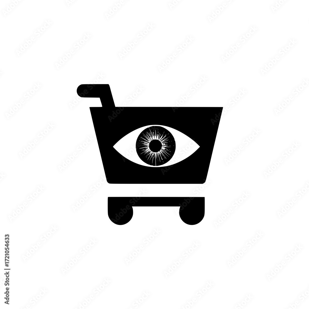 Poster vector image of shopping cart with eye symbol indicating product viewing and shopping behavior