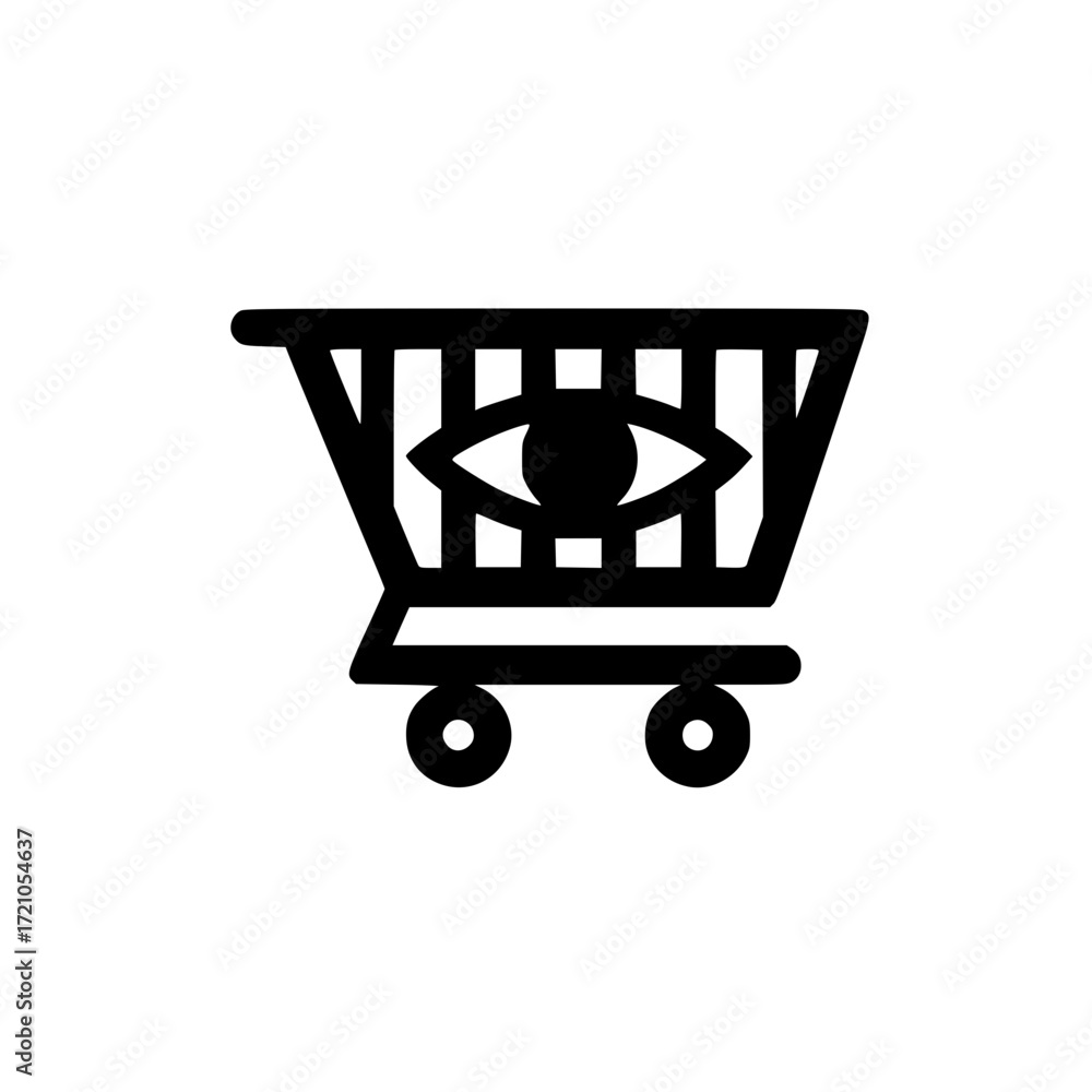 Poster online retail vector showing shopping cart with miniature eye for user activity and monitoring