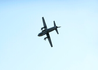 Military transport turboprop aircraft in flight