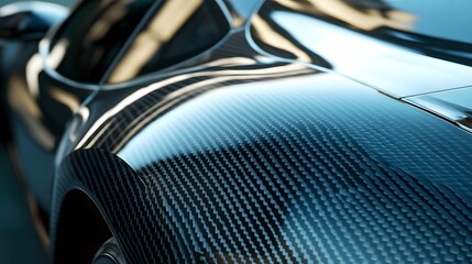 Close-up photograph of a glossy carbon fiber car surface with intricate linear texture and reflective light.