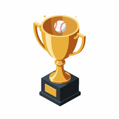 Isometric Golden Trophy with Baseball Ball Symbolizing Victory and Championship