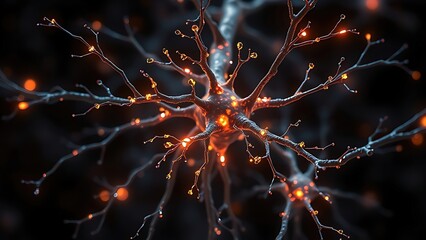 Glowing neuron network with magnesium crystals pulsing at synaptic junctions.