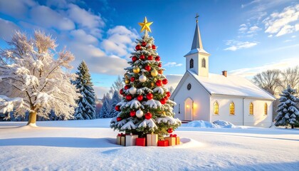 Fototapeta premium Snowy Christmas tree with glowing star, gifts, church steeple, footprints, and sunset sky in peaceful winter scene.